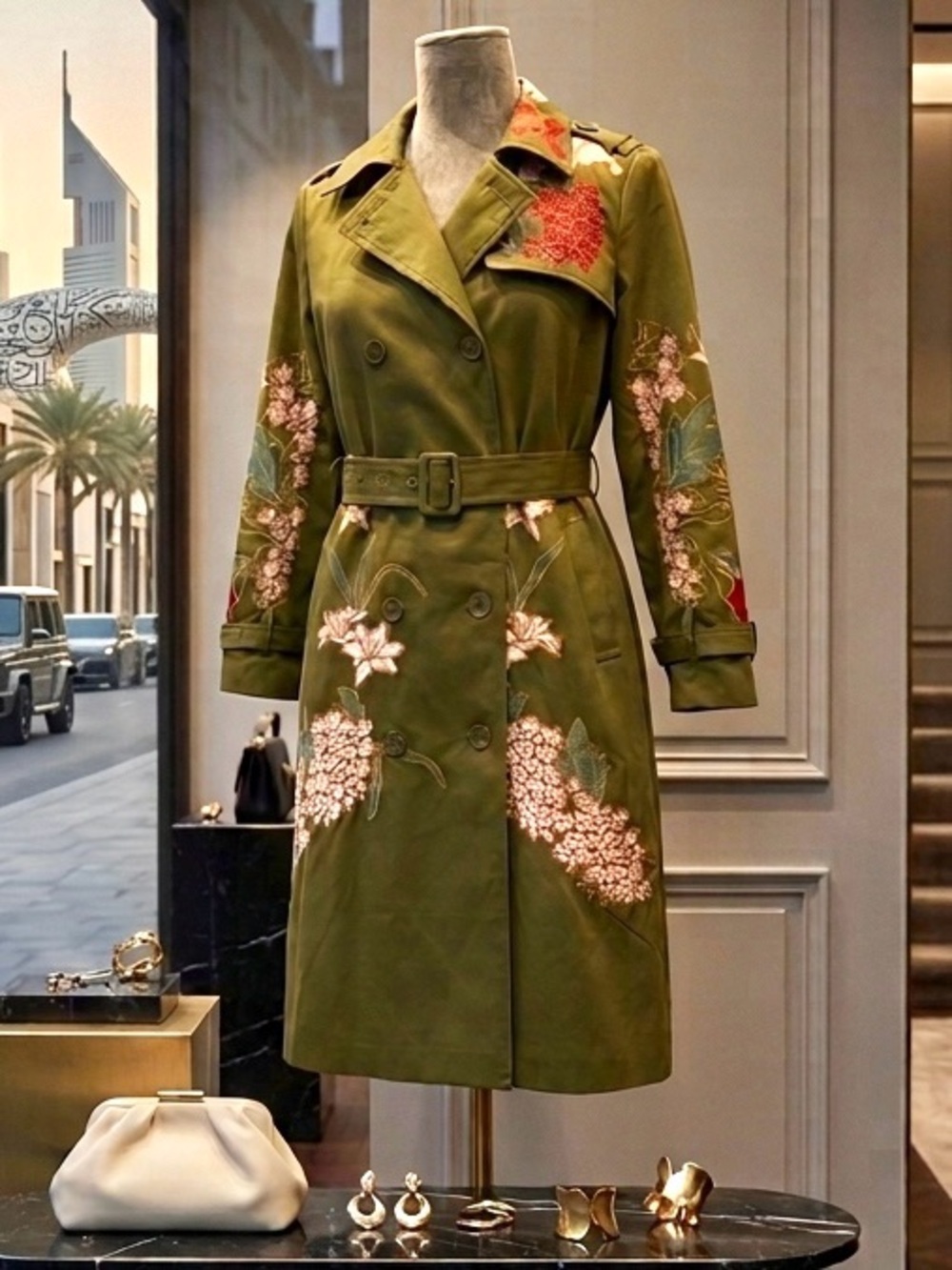 ONE OF A KIND — Iconic Floral Embroidered Olive Trench Coat | Size M